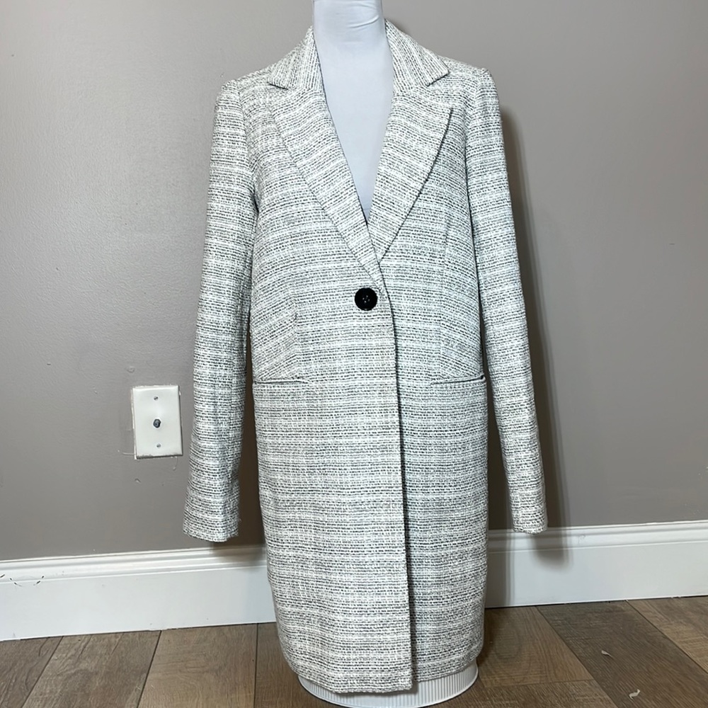 ASOS full length trench tweed design single button collared gray & white 6